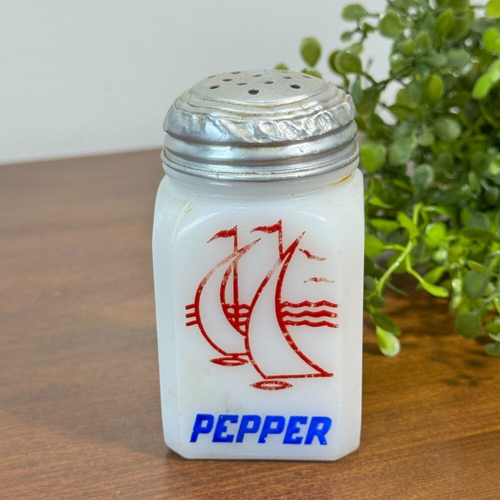 Vintage Hazel Atlas Sailboat Milk Glass Pepper Shaker w/ Lid Spices USA